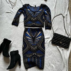 Windsor Black, Blue & Cream Geometric Pencil Skirt